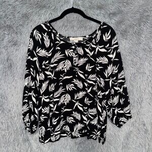 Loft Black White Leaf Print 3/4 Sleeve Button Neck Casual Top Women's Size L